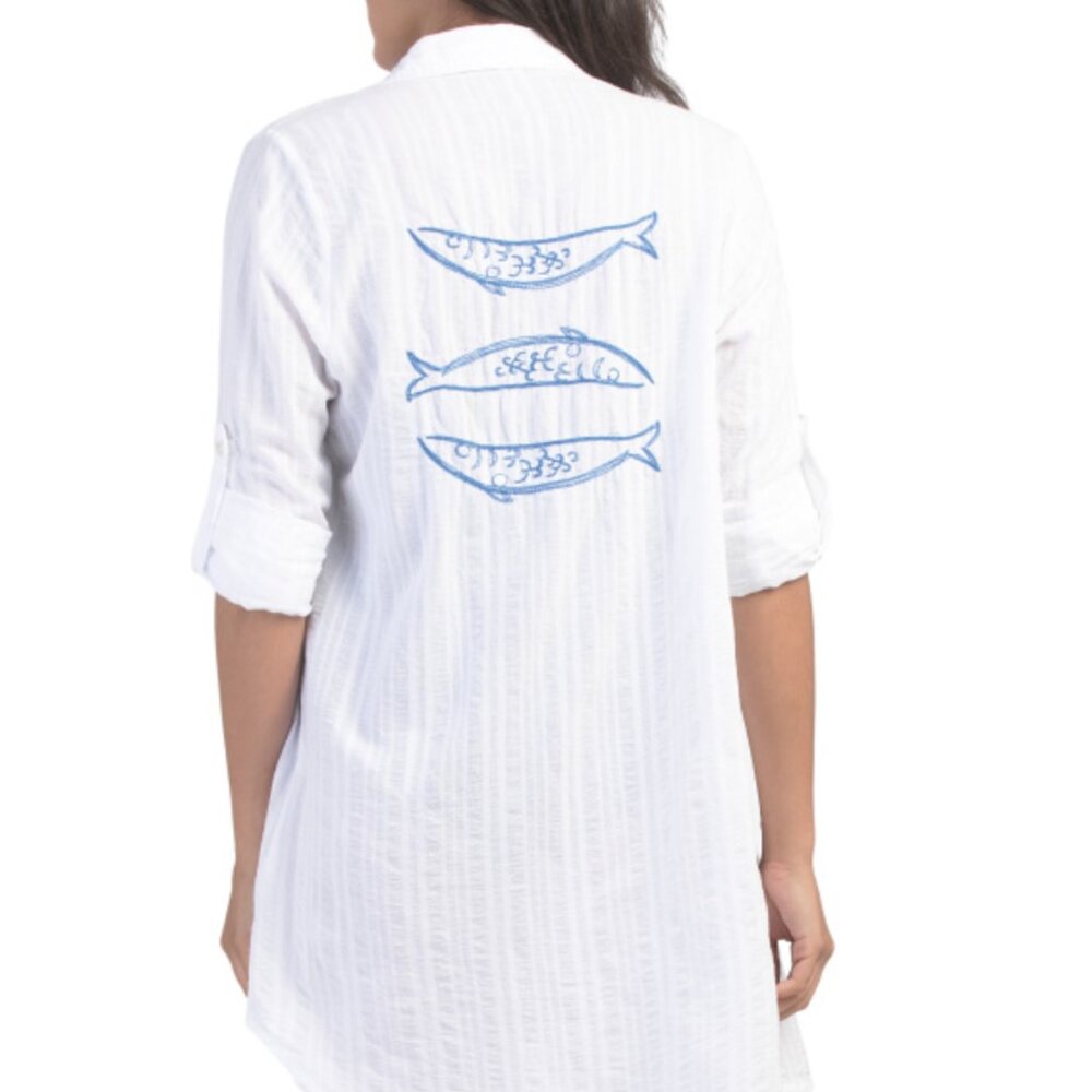 NWT 4Our Dreamers White Cotton Embroidered Roll Tab Long Sleeves Cover-up dress